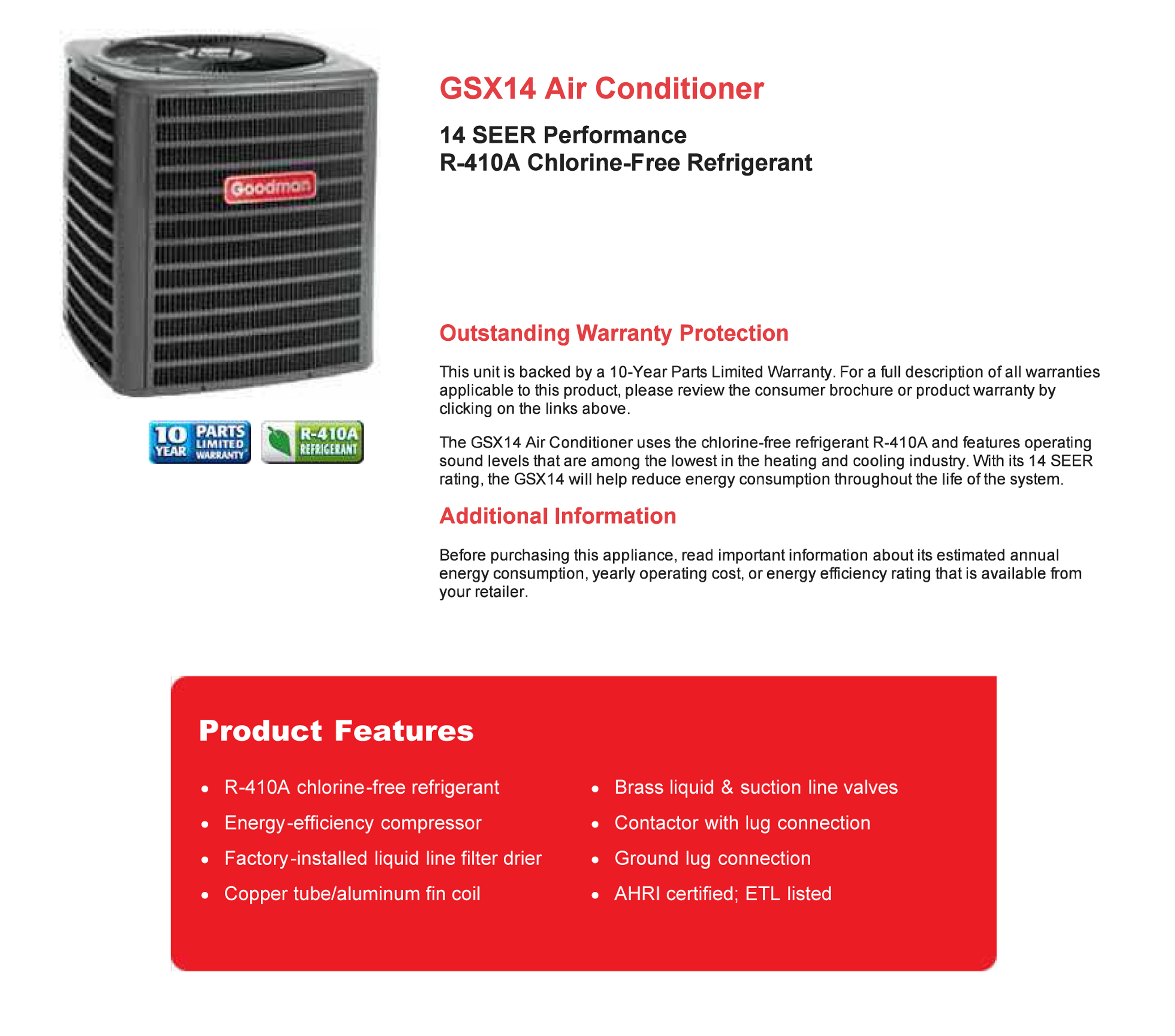 5 Ton Goodman 14 SEER Condenser GSX140601
